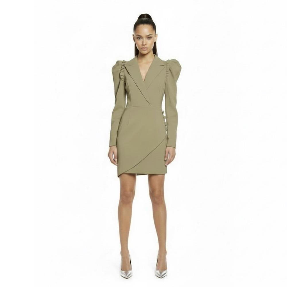 Lavish Alice Tan Beige Puff Shoulder Ruffle Blazer Mini Dress‎ US 10